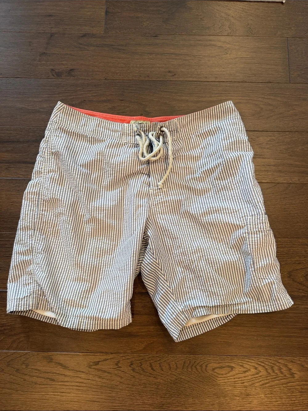 J. Crew Seersucker The Original Longboard Swim Trunks in White & Blue Size 34
